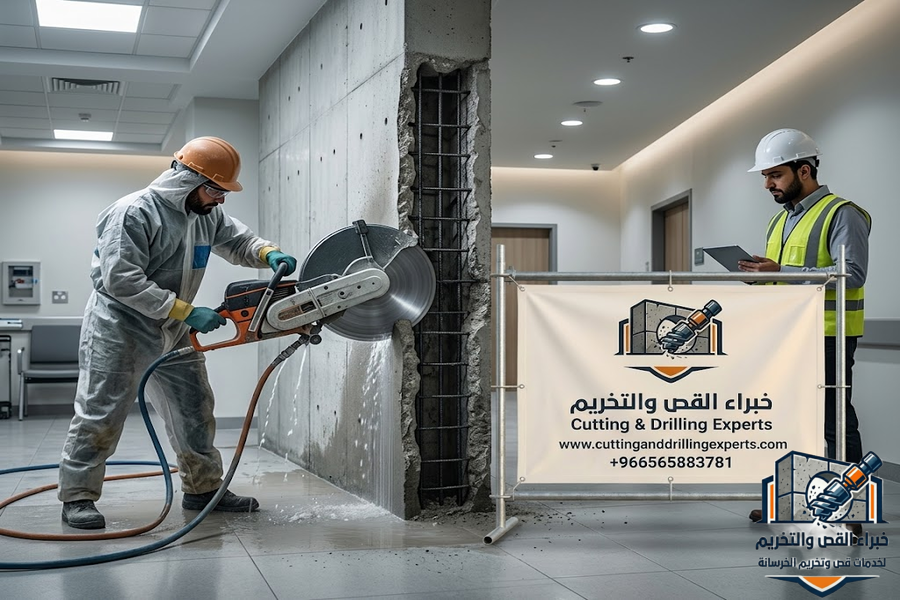 قص خرسانة بحي الرحاب بجدة باستخدام أحدث أجهزة القص الماسي لقص الجدران والأسقف وفتح الأبواب والنوافذ وتوسعة المباني بدقة عالية